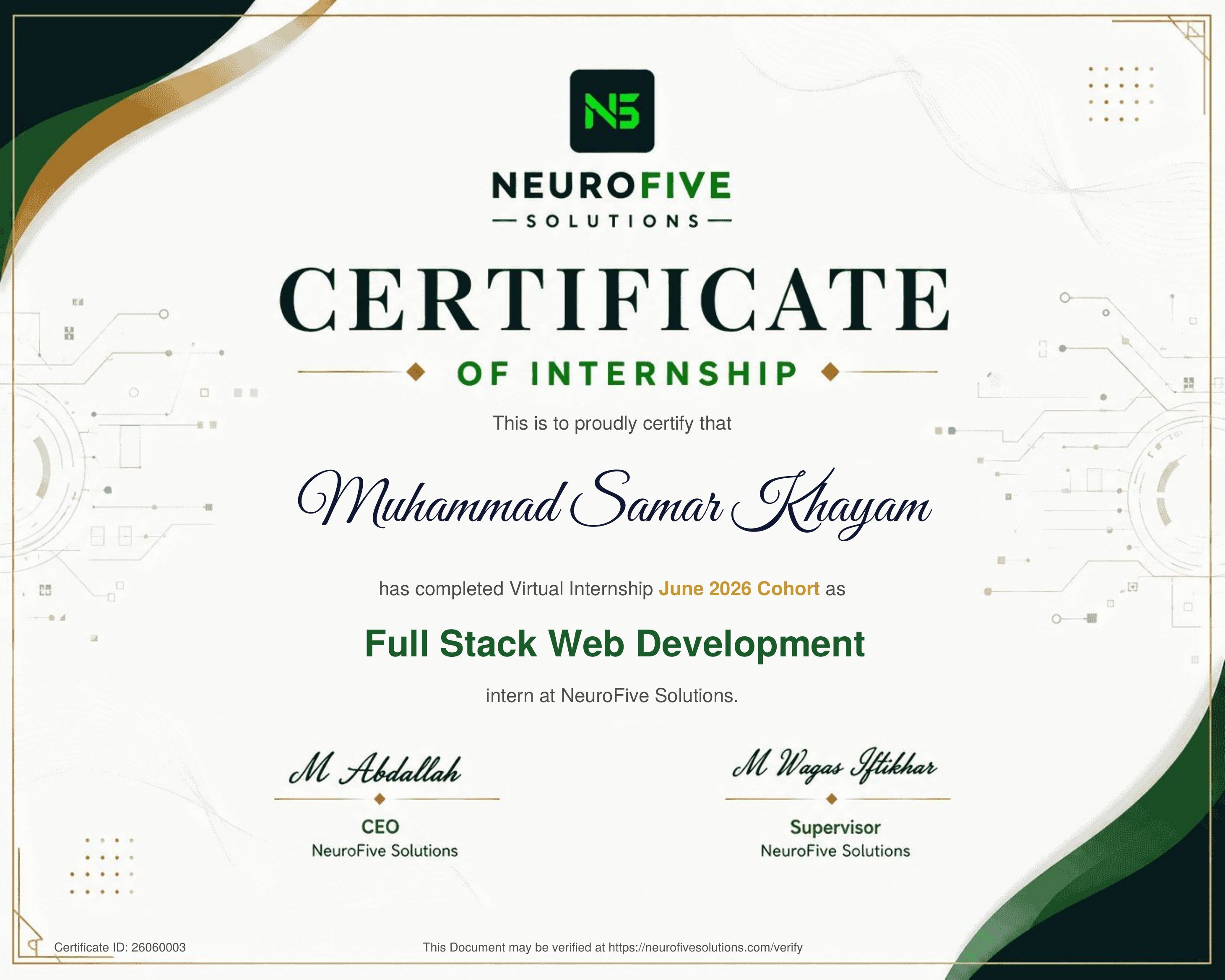 NeuroFive Certificate of Internship — Full Stack Web Development